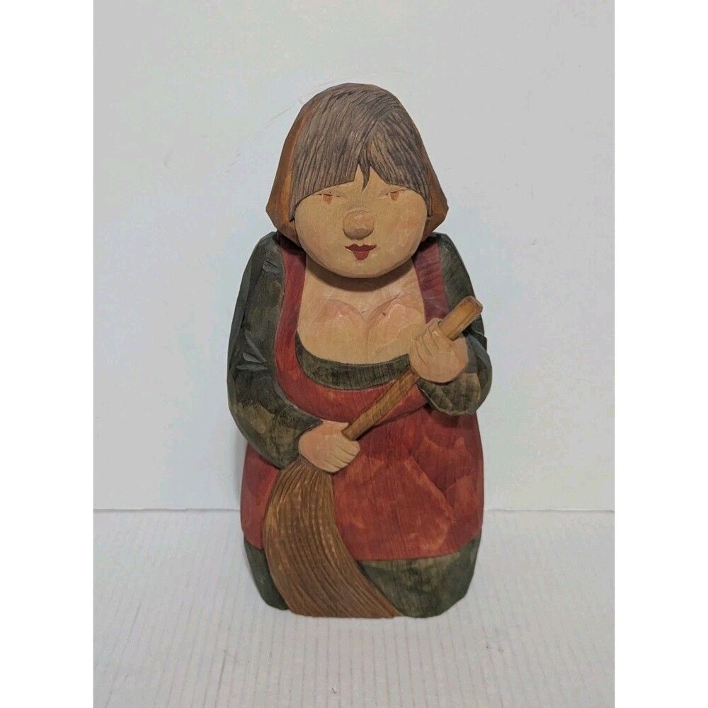 Wooden Figurine Hand Carved Women With Broom 12"